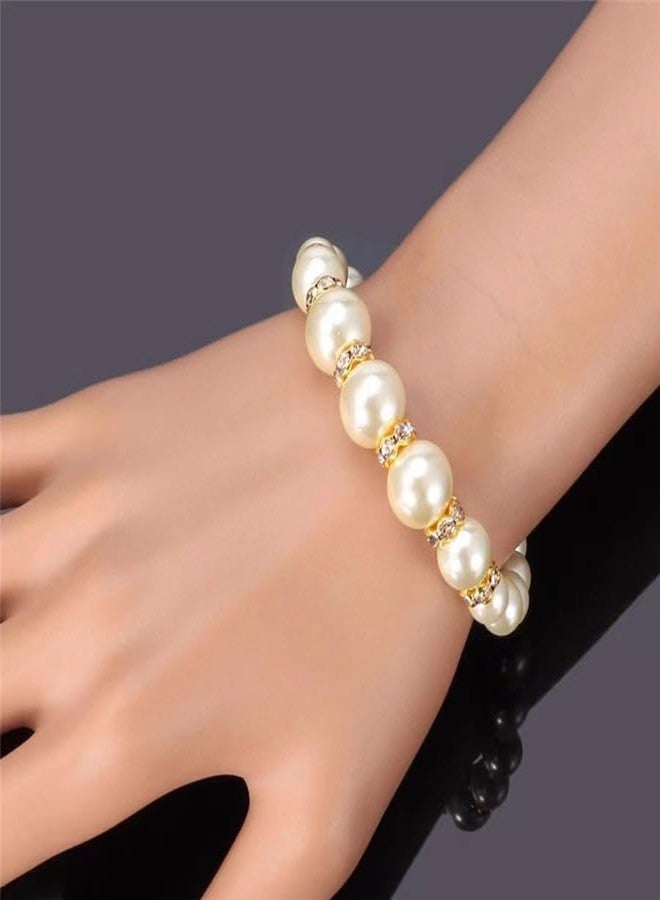 DATOA 3 Pcs Set Elegant Pearl Round Beads Imitation Pearl Acrylic Necklace Earrings Bracelet Sparkling Crystal Jewelry for Women Wedding Engagement Jewelry Set - Gold - Image 4